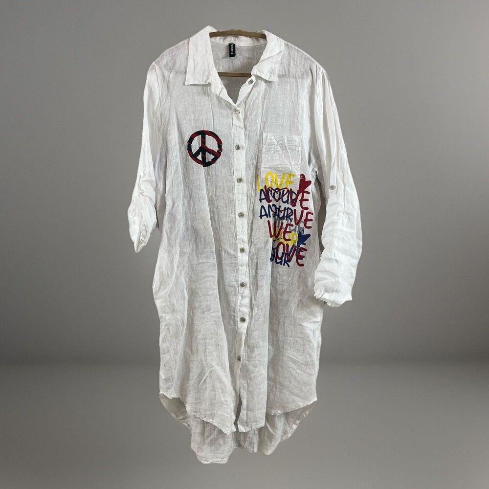 Venti6 Wom L Linen Button Down Dress Long Sleeve Graffiti Print Peace Sign Amour